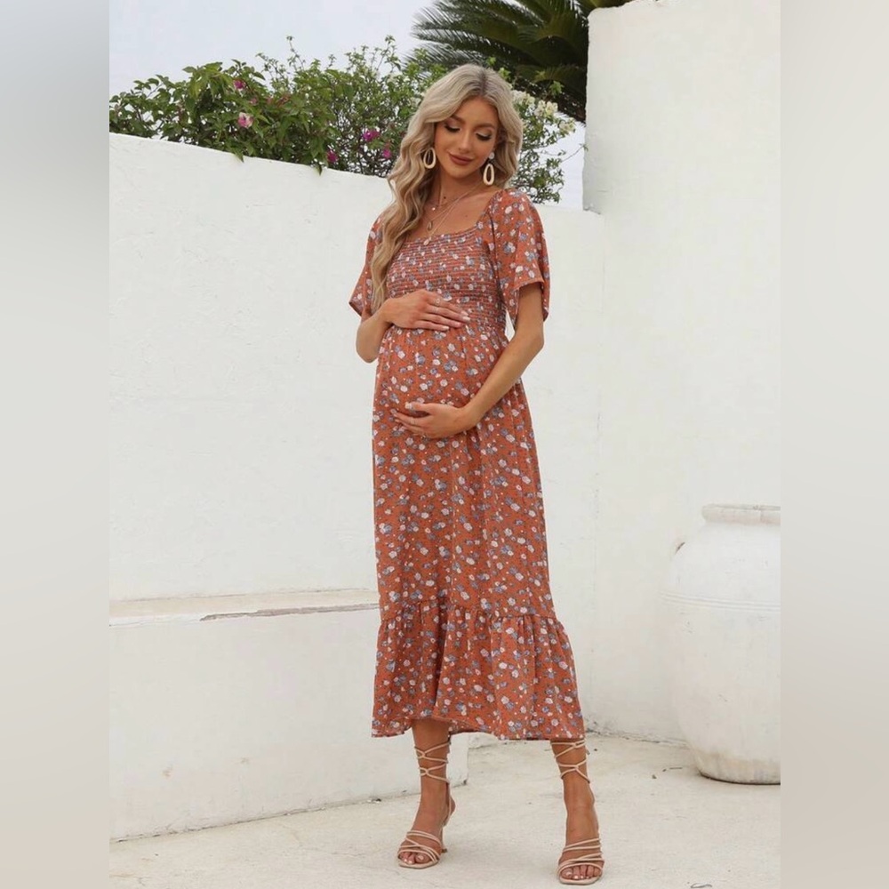 Floral Smocked Maxi Dress - Rust